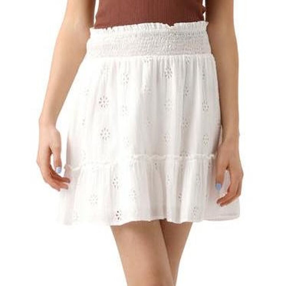 NWT Vero Moda White Embroidered Linen Blend‎ Mini Skirt Smocked Waist S